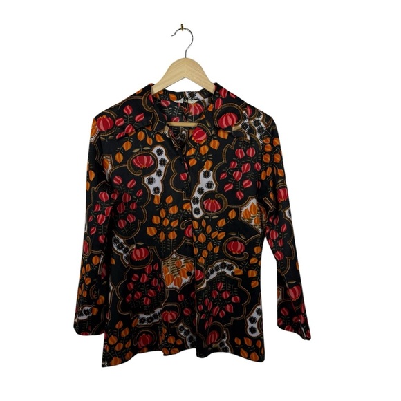 VINTAGE Rhoda Lee Women’s Floral Button Down Blouse Black/Red/Orange OS - Picture 3 of 6